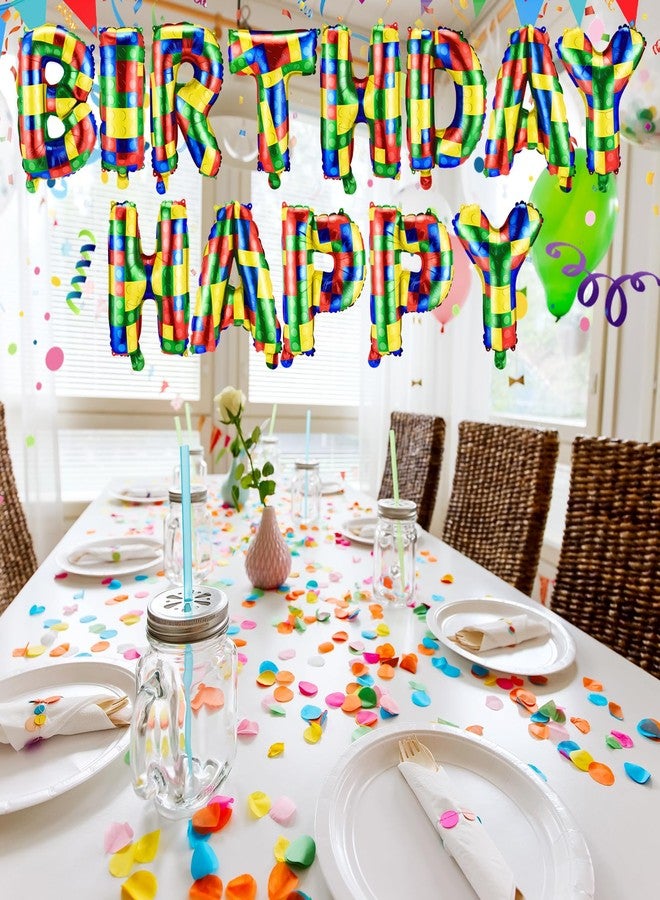 Charnoel 16 Inch Building Block Happy Birthday Balloons Banner, Foil Happy Birthday Letters Sign, Reusable Bunting Balloon for Girls Boys Building Block Party Decoration Supplies - Image 5